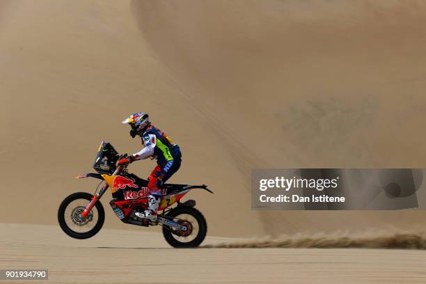 Matthias Walkner of Austria and Red Bull KTM rides a 450 Rally Replica KTM bike in the Elite ASO during stage one of the 2018 Dakar Rally between...