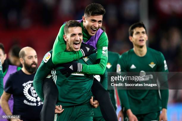 Zouhair Feddal of Real Betis celebrates the victory during the La Liga Santander match between Sevilla v Real Betis Sevilla at the Estadio Ramon...