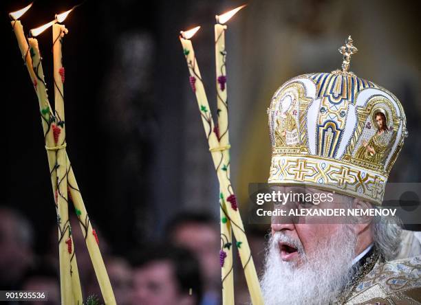 Russian Patriarch Kirill celebrates the Russian Orthodox Christmas service in Christ the Savior Cathedral in Moscow late on January 6, 2018. -...