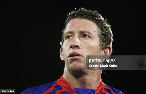Kurt Gidley of the Knights leaves the field after his team's loss in the round 25 NRL match between the Canberra Raiders and the Newcastle Knights at...