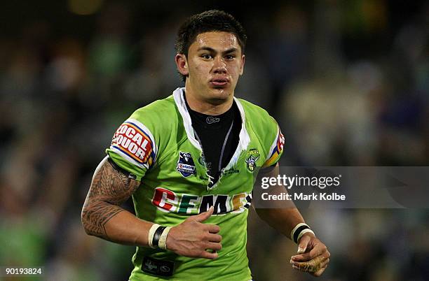 Daniel Vidot of the Raiders leaves the field after being sent to the sin-bin for fighting during the round 25 NRL match between the Canberra Raiders...