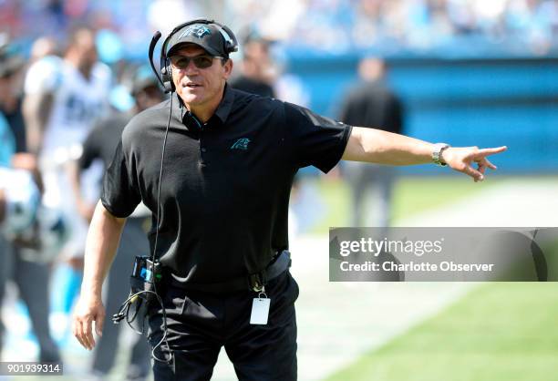 Carolina Panthers head coach Ron Rivera talks to a game official in the second half against the Buffalo Bills on September 17 at Bank of America...