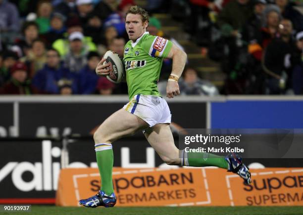 Joel Monaghan of the Raiders runs upfield during the round 25 NRL match between the Canberra Raiders and the Newcastle Knights at Canberra Stadium on...