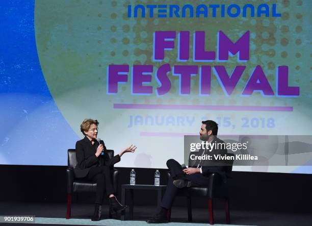 Annette Bening and artistic director of the Palm Springs International Film Festival Michael Lerman speak at the 29th Annual Palm Springs...