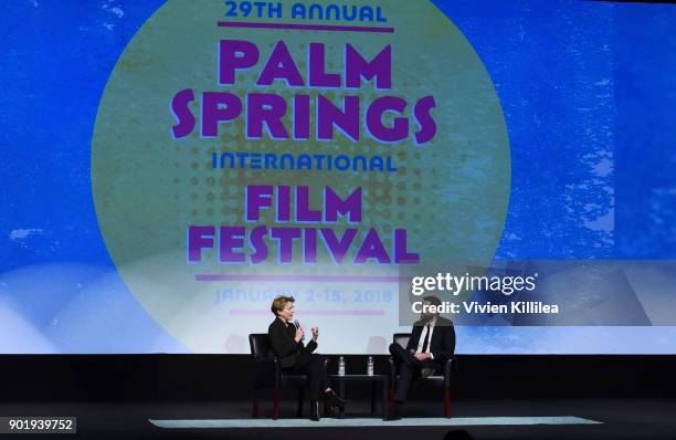 Annette Bening and artistic director of the Palm Springs International Film Festival Michael Lerman speak at the 29th Annual Palm Springs...