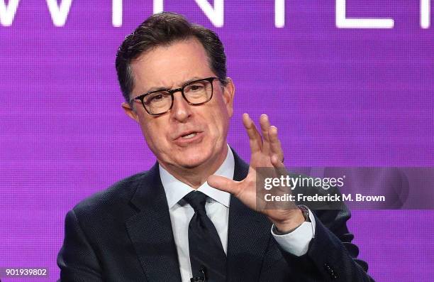 Executive producer Stephen Colbert of the television show Our Cartoon President speaks onstage during the CBS/Showtime portion of the 2018 Winter...