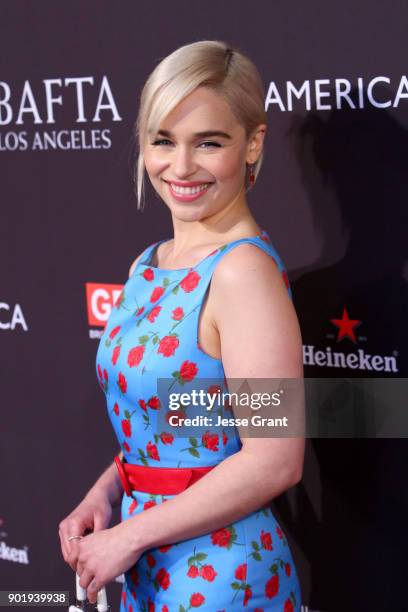 Emilia Clarke attends The BAFTA Los Angeles Tea Party at Four Seasons Hotel Los Angeles at Beverly Hills on January 6, 2018 in Los Angeles,...