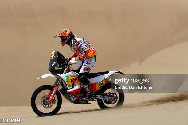 Laia Sanz of Spain and KTM rides a 450 Rally Replica KTM bike in the Elite ASO during stage one of the 2018 Dakar Rally between Lima and Pisco on...