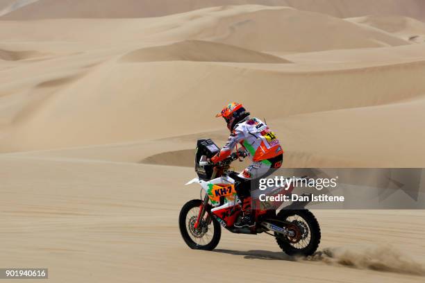 Laia Sanz of Spain and KTM rides a 450 Rally Replica KTM bike in the Elite ASO during stage one of the 2018 Dakar Rally between Lima and Pisco on...