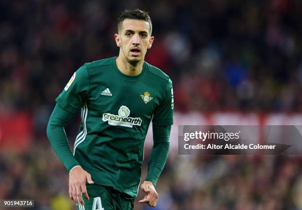 Zouhair Feddal of Real Betis reacts during the La Liga match between Sevilla FC and Real Betis Balompie at Estadio Ramon Sanchez Pizjuan on January...