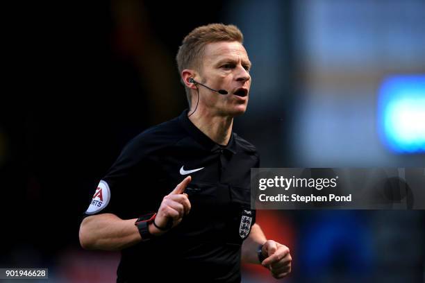 Referee Michael Jones during the Emirates FA Cup third round match between Ipswich Town and Sheffield United at Portman Road on January 6, 2018 in...