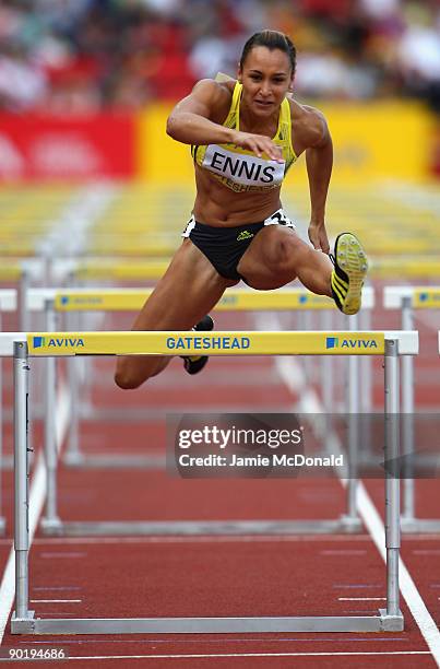 Jessica Ennis of Great Britain competes in the Women's 100 metre Hurdles during the Aviva British Grand Prix held at Gateshead International Stadium...