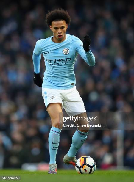 Leroy Sane of Manchester City in action during The Emirates FA Cup Third Round match between Manchester City and Burnley at Etihad Stadium on January...