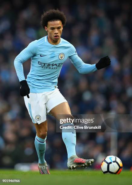 Leroy Sane of Manchester City in action during The Emirates FA Cup Third Round match between Manchester City and Burnley at Etihad Stadium on January...