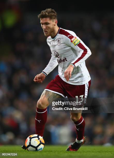 Jeff Hendrick of Burnley in action during The Emirates FA Cup Third Round match between Manchester City and Burnley at Etihad Stadium on January 6,...