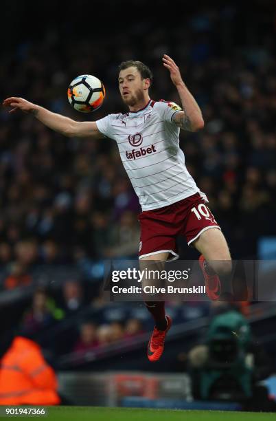 Ashley Barnes of Burnley in action during The Emirates FA Cup Third Round match between Manchester City and Burnley at Etihad Stadium on January 6,...