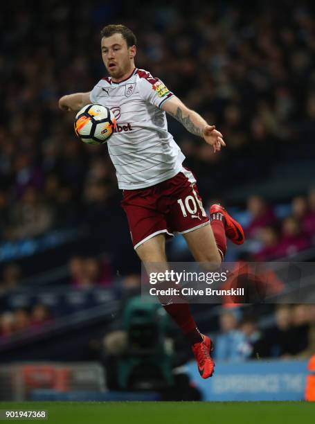 Ashley Barnes of Burnley in action during The Emirates FA Cup Third Round match between Manchester City and Burnley at Etihad Stadium on January 6,...