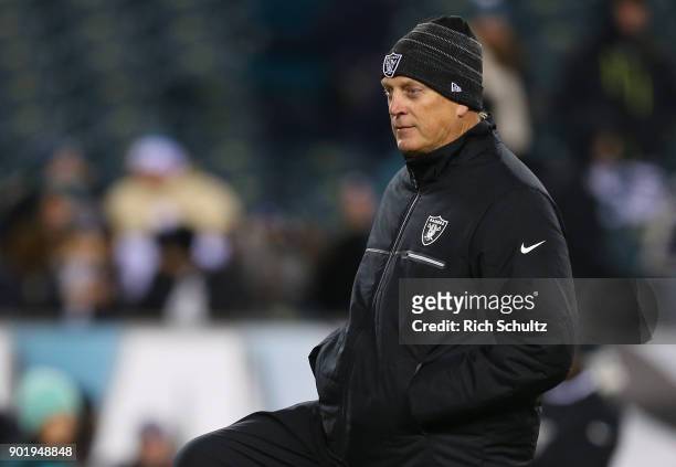 Head coach Jack Del Rio of the Oakland Raiders before a game against the Philadelphia Eagles at Lincoln Financial Field on December 25, 2017 in...