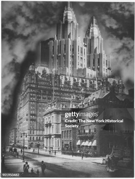 Photomontage of Waldorf-Astoria and Fifth Avenue homes, New York, New York, 1929.