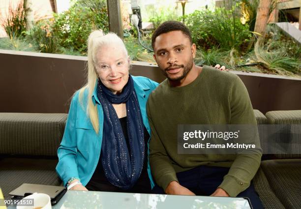 Sally Kirkland and Nnamdi Asomugha attend the Film Independent Spirit Awards Nominee Brunch at BOA Steakhouse on January 6, 2018 in West Hollywood,...