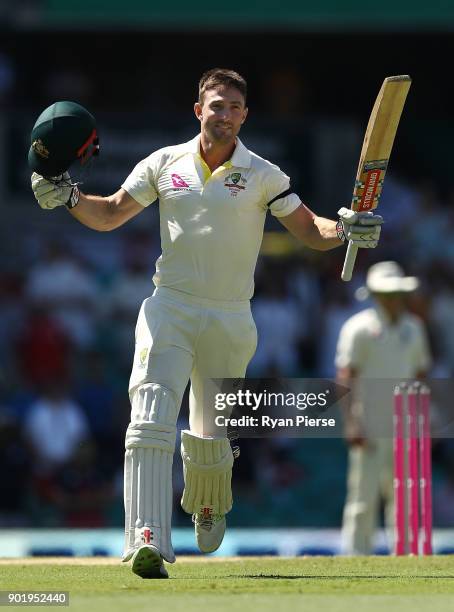 Shaun Marsh celebrates after reaching his century during day four of the Fifth Test match in the 2017/18 Ashes Series between Australia and England...