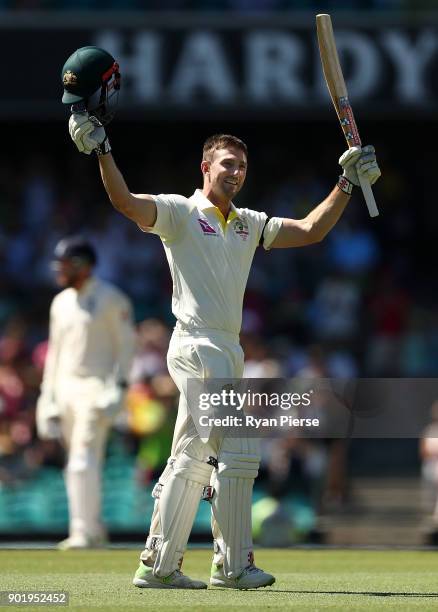 Shaun Marsh celebrates after reaching his century during day four of the Fifth Test match in the 2017/18 Ashes Series between Australia and England...