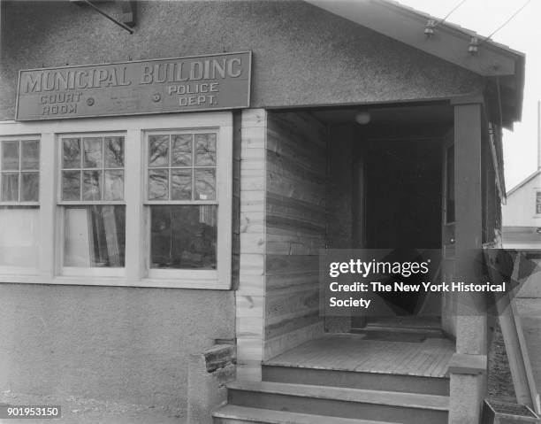 Municipal Building, Police Station Court Room, exterior view of entrance, Lindenhurst, New York, 1929.