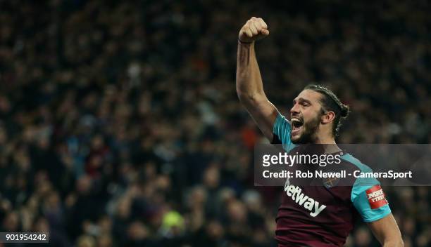 West Ham United's Andy Carroll celebrates scoring his side's second goal during the Premier League match between West Ham United and West Bromwich...