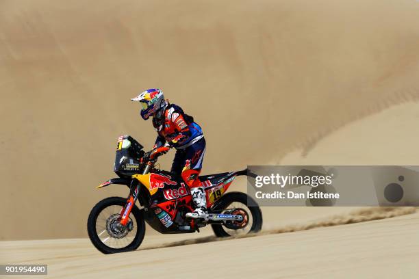 Antoine Meo of France and Red Bull KTM rides a 450 Rally Replica KTM bike in the Elite ASO during stage one of the 2018 Dakar Rally between Lima and...