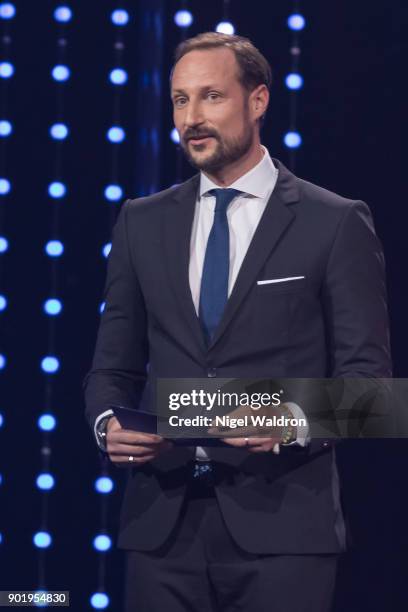 Prince Haakon Magnus of Norway announces the winner of the category for this years biggest driving force Terje Vag at the Sport awards on January 6,...