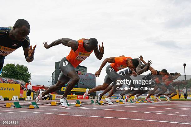 Tyrone Edgar of Great Britain bursts out of the blocks at the start of the Men's 100 metres during the Aviva British Grand Prix held at Gateshead...