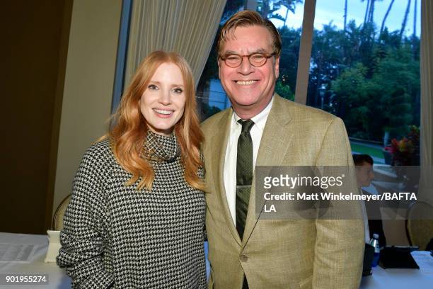Jessica Chastain and Aaron Sorkin attend The BAFTA Los Angeles Tea Party at Four Seasons Hotel Los Angeles at Beverly Hills on January 6, 2018 in Los...