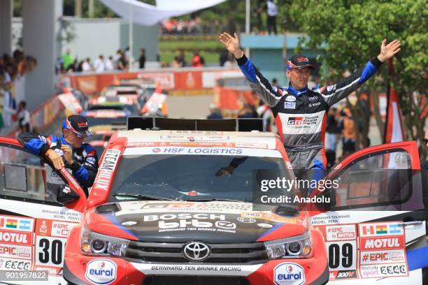 Toyota driver Bernhard Ten Brinke and co driver Michel Perin on the first day of the 2018 Dakar Rally, ahead of the rally's Lima-Pisco Stage 1, in...