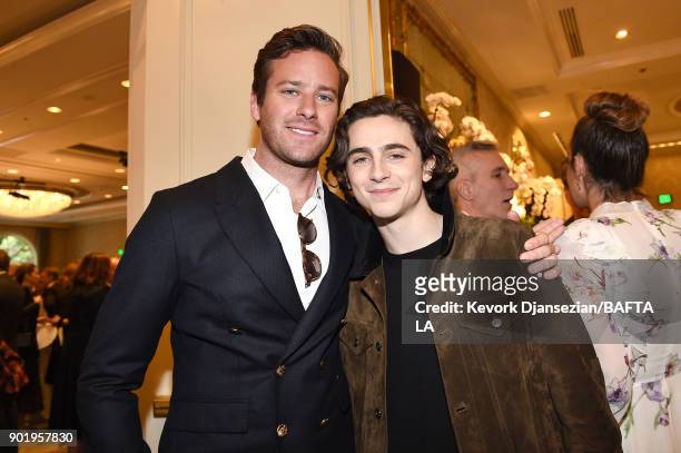 Armie Hammer and Timothee Chalamet attend The BAFTA Los Angeles Tea Party at Four Seasons Hotel Los Angeles at Beverly Hills on January 6, 2018 in...