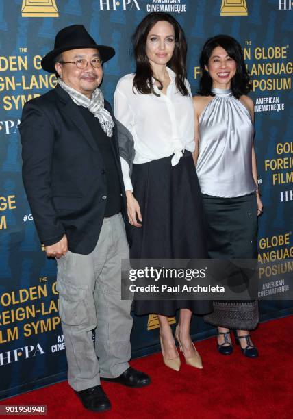 Rithy Panh, Angelina Jolie and Loung Ung attend the HFPA and American Cinematheque present The Golden Globe Foreign-Language Nominees Series 2018...