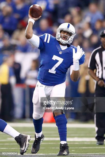 Jacoby Brissett of the Indianapolis Colts throws a pass against the Houston Texans during the first half at Lucas Oil Stadium on December 31, 2017 in...