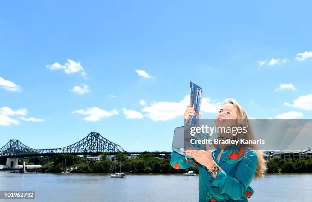 Brisbane International winner Elina Svitolina of Ukraine poses with the trophy on the Kookaburra Queen on January 7, 2018 in Brisbane, Australia.