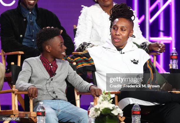 Actor Alex Hibbert and creator/executive producer & writer Lena Waithe of the television show The CHI speak onstage during the CBS/Showtime portion...