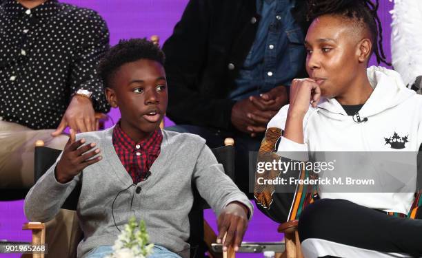 Actor Alex Hibbert and creator/executive producer & writer Lena Waithe of the television show The CHI speak onstage during the CBS/Showtime portion...