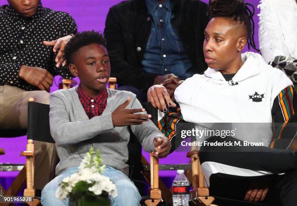 Actor Alex Hibbert and creator/executive producer & writer Lena Waithe of the television show The CHI speak onstage during the CBS/Showtime portion...