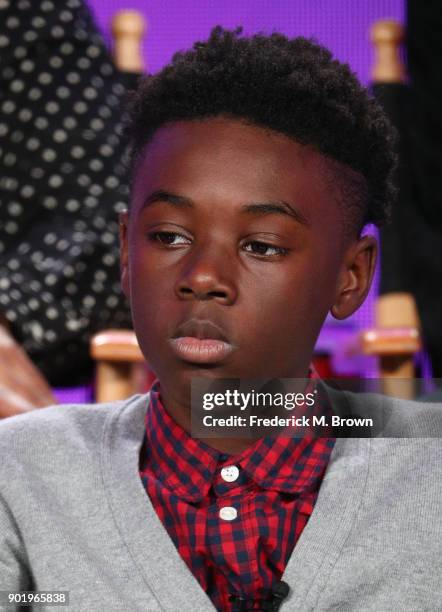 Actor Alex Hibbert of the television show The CHI speaks onstage during the CBS/Showtime portion of the 2018 Winter Television Critics Association...