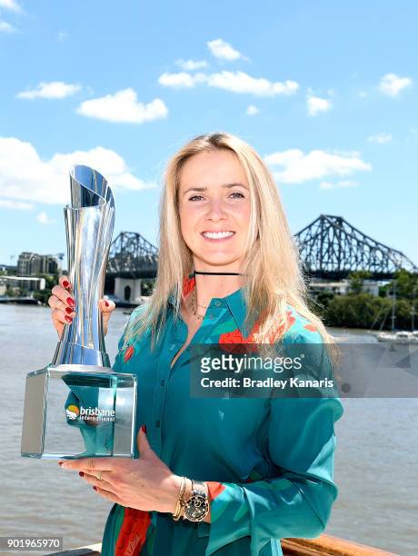 Brisbane International winner Elina Svitolina of Ukraine poses with the trophy on the Kookaburra Queen on January 7, 2018 in Brisbane, Australia.