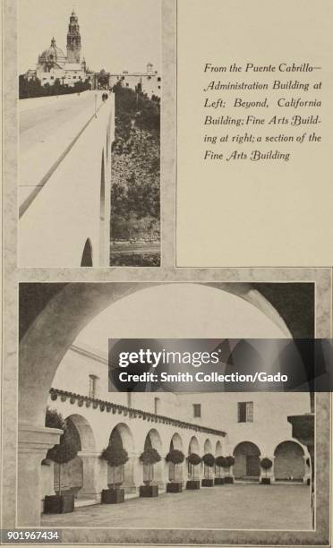 Two black and white photographs, showing several buildings in the Spanish colonial style, including exterior, low-angle shots of the California...
