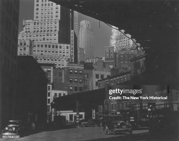 South Street, elevated train, New York, New York, 1929.