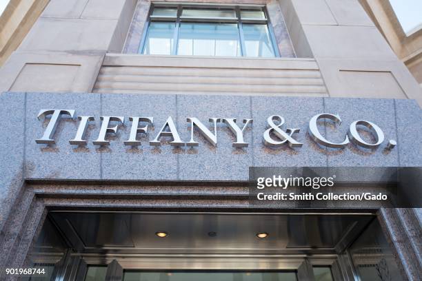 Close-up of sign above entryway on facade of the Tiffany and Co luxury jewelry store in downtown Walnut Creek, California, November 17, 2017.