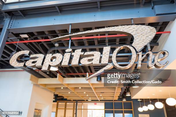 Elaborate metal sign for the financial services company CapitalOne, in downtown Walnut Creek, California, November 17, 2017.