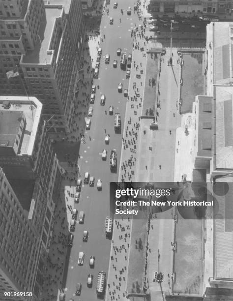 Birdseye view of New York Public Library and Fifth Avenue at 42nd Street, New York, New York, 1929.