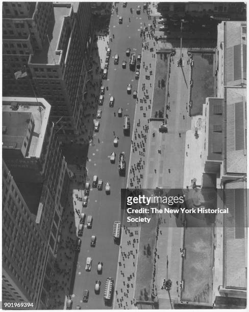 New York Public Library and Fifth Avenue at 42nd Street, looking down from 500 Fifth Avenue building, New York, New York, 1929.