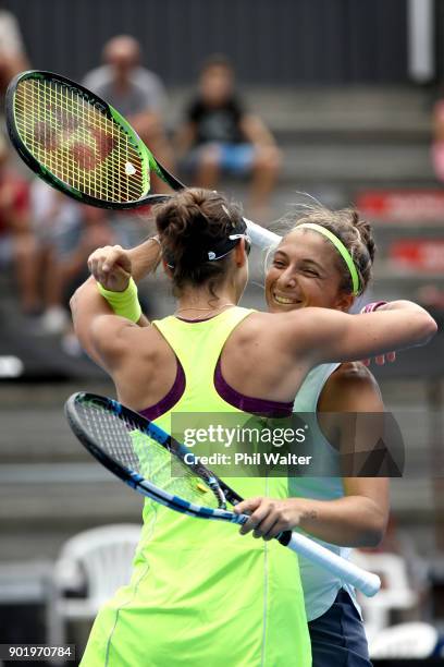 Sara Errani of Italy and Bibiane Schoofs of Netherlands celebrate their Womens Doubles Final win against Eri Hozumi and Miyu Kato of Japan during day...