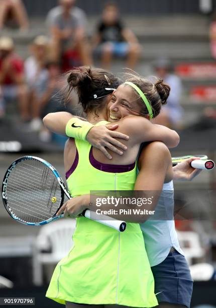 Sara Errani of Italy and Bibiane Schoofs of Netherlands celebrate their Womens Doubles Final win against Eri Hozumi and Miyu Kato of Japan during day...